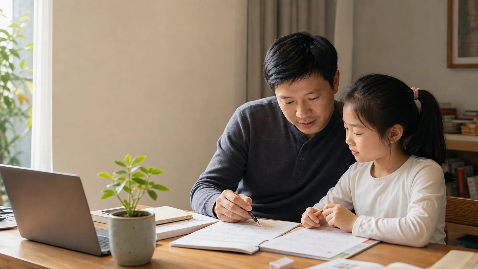 A parent and child organizing a learning plan beside a young green plant